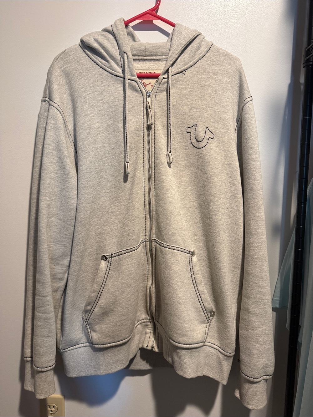 True Religion Light Gray Zip-Up Hoodie with Logo Stitching